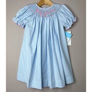NWT Vive La Fête Smocked Big Sister Short Sleeve Blue Bishop Dress Girls 4 Yrs